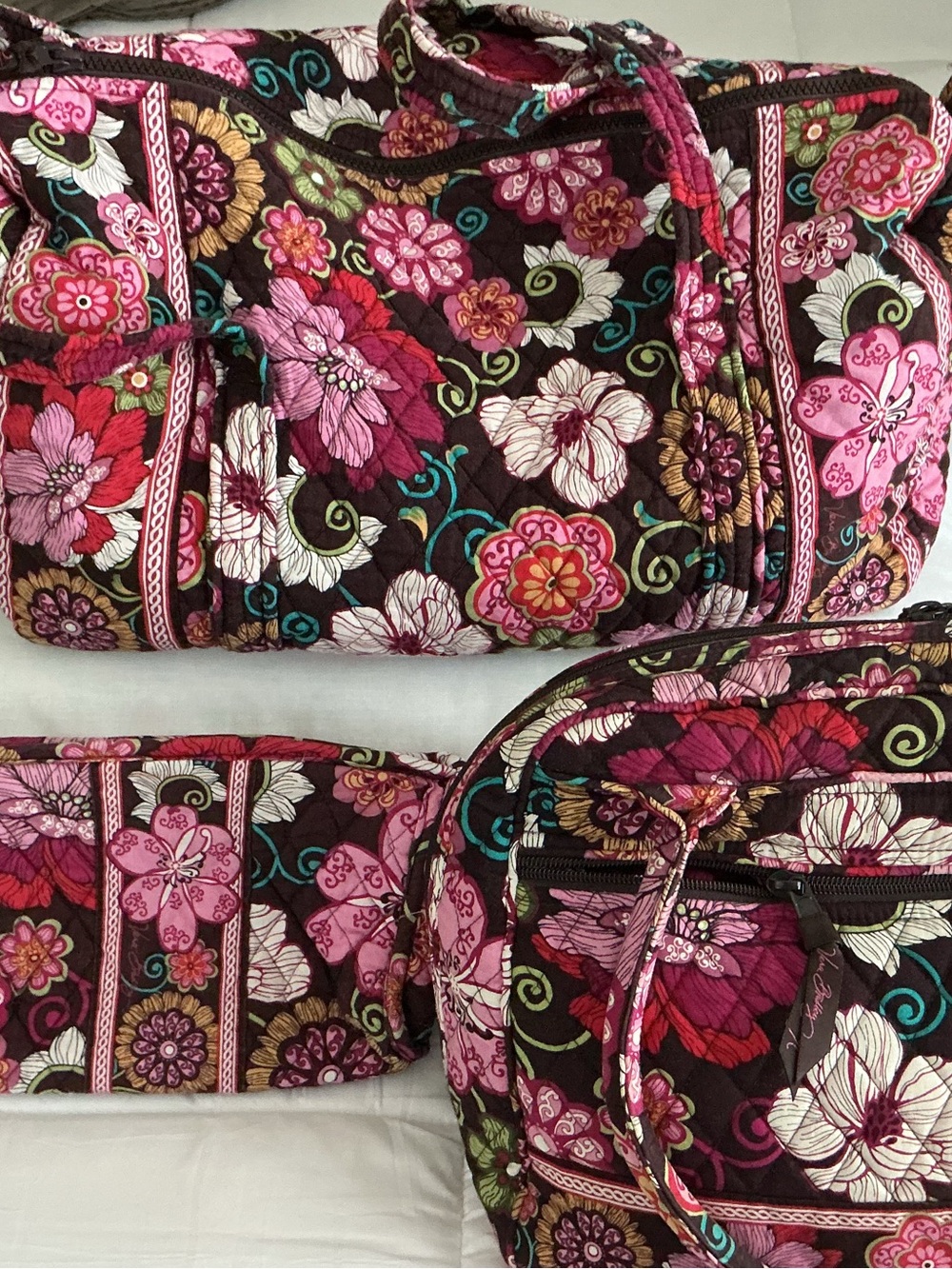Vera Bradley Pink and Brown Floral Quilted Travel Bag Set
